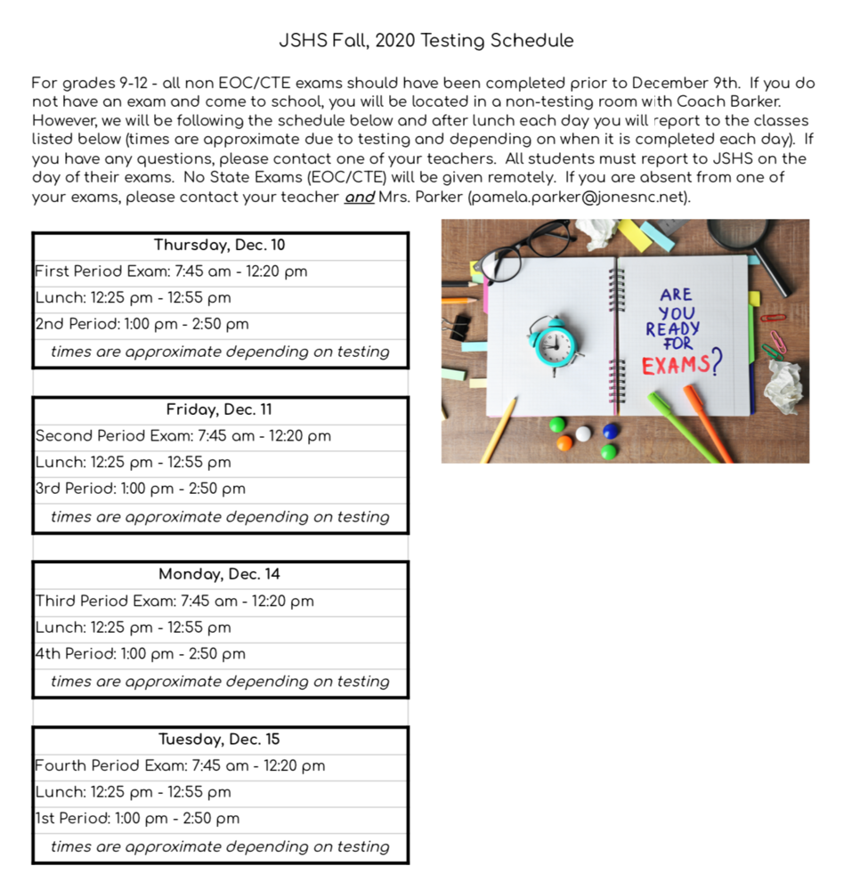 JSHS EOC/EOG & CTE State Mandated Exam Schedule - English Version