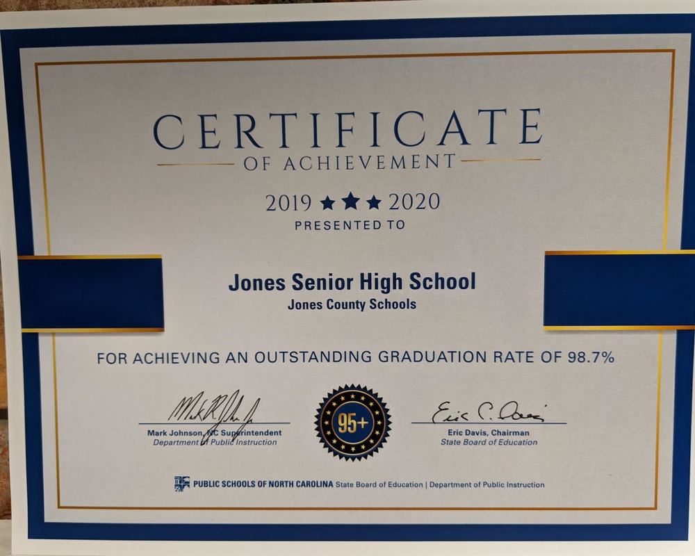 Congratulations JsHS on NC DPI "Certificate of Achievement for Outstanding Graduation Rate (95%+)!