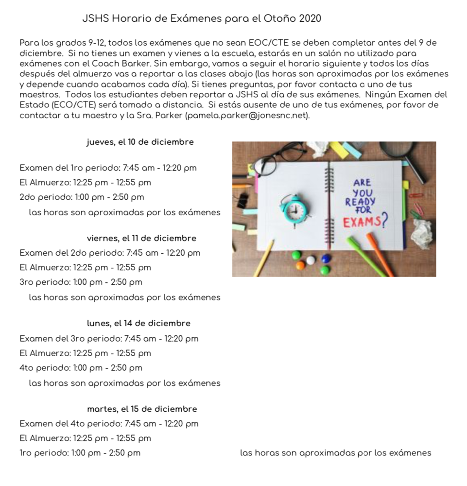 JSHS EOC/EOG & CTE State Mandated Exam Schedule - Spanish Version